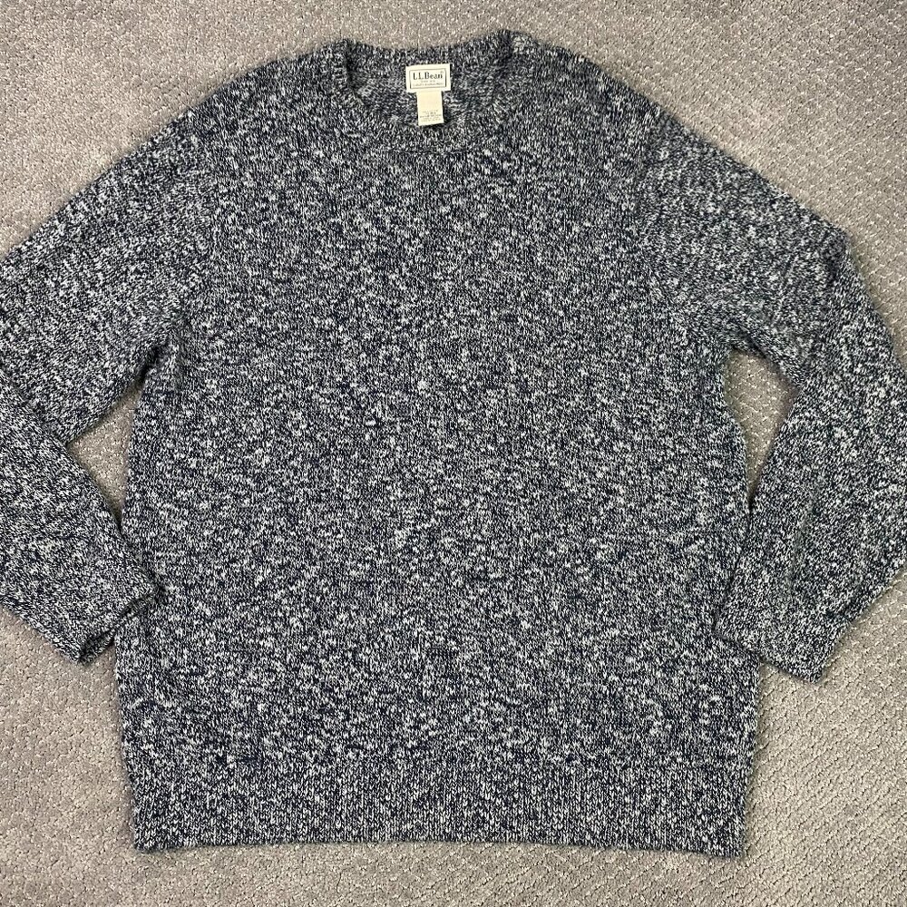 LL Bean Sweater Men's XL Black White Sunwashed Marled Ragg Crewneck Fisherman
